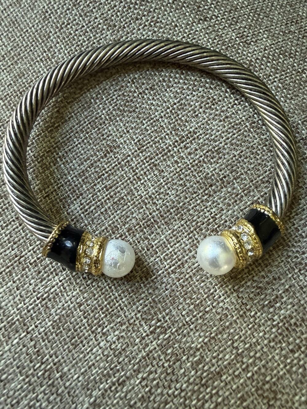 Vintage Twisted Silver Cable Cuff Bracelet Mixed Tone Metal Faux Pearls Capsule